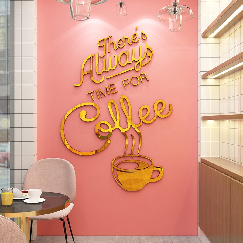 Tranh dán tường mica, decal dán nổi - time coffee trang trí quán cafe, trà sữa, quán đồ uống, đồ ăn nhanh