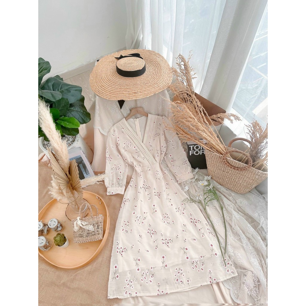 Đầm Tiểu Thư Vintage Tay Dài Váy Hoa Nhí Khoét Cổ Chữ V Dịu Dàng Đầm Thiết Kế Sang Trọng K2001