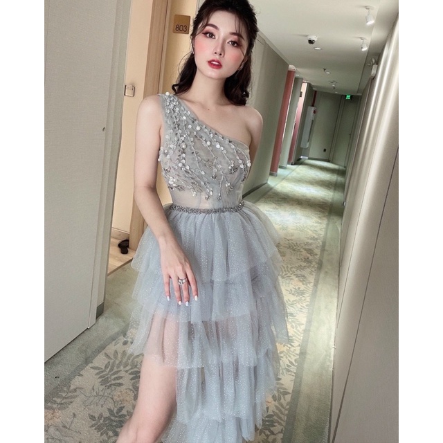 Đầm jum dự tiệc 1 vai xếp tầng kết cườm có quần trong dễ măc TRIPBLE T DRESS - size M/L - MS370V