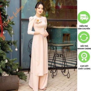 Áo dài truyền thống áo dài cổ tròn tay phồng kèm hoa đẹp xuất sắc_Minchu