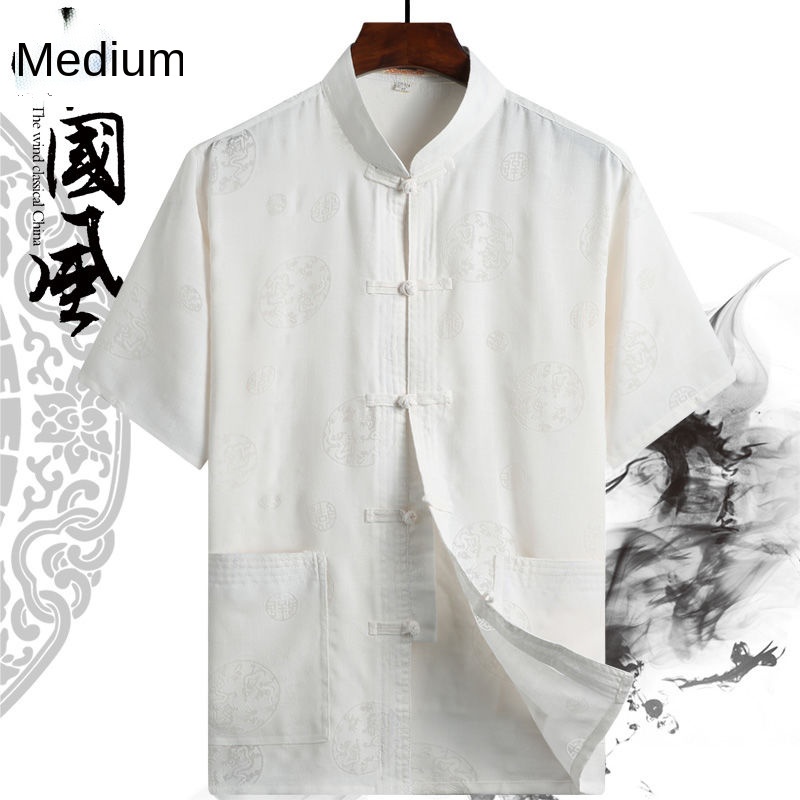 Áo sơ mi tay ngắn vải lanh cotton phong cách Trung Hoa thời trang mùa hè cho nam trung niên 50 tuổi 60 tuổi