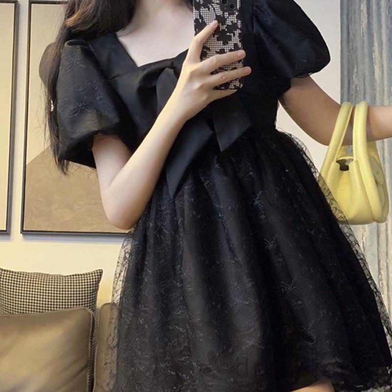 DRE-Ladies Casual Short Dress, Sweet Style Solid Color Square Collar Mesh Splicing Puff Short Sleeve Bow Dress