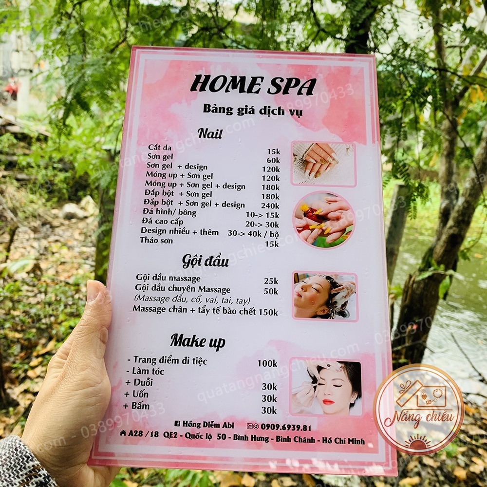 Menu cho tiệm Spa, thẩm mỹ viện, nail, mi, bảng báo giá dịch vụ spa, kệ để bàn lễ tân , chất liệu mica sáng bóng