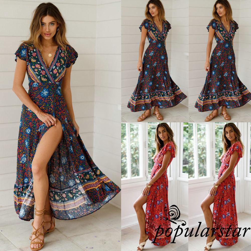 FREESHIP ĐƠN 50K_ ♪TY★Đầm maxi hoa tay ngắn cổ chữ V xẻ tà thời trang cho nữ