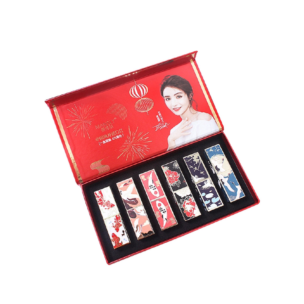 Set 6 Son Môi Dưỡng Ẩm Lâu Trôi Không Thấm Nước Thiết Kế Vỏ Phong Cách Trung Hoa # M160A