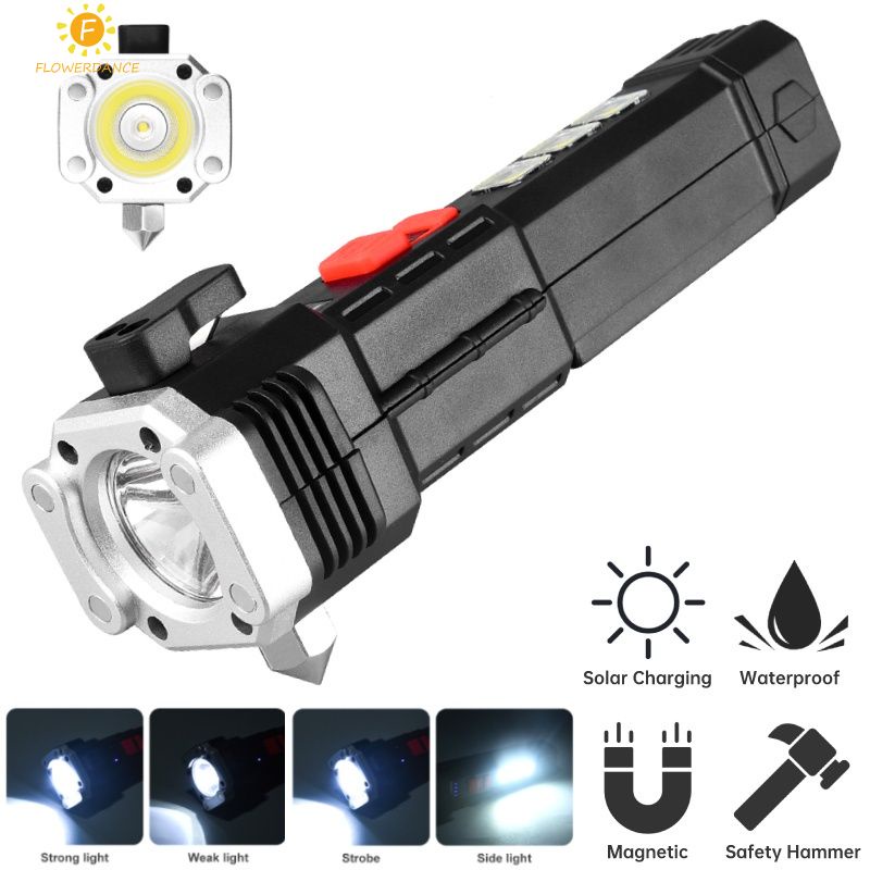 Đèn LED Siêu Sáng USB Sạc Năng Lượng Mặt Trời Cắm Trại Đa Chức Năng Đèn Xe Ô Tô An Toàn Búa Đèn Pin Ngoài Trời Nhà Đèn Pha Tìm Kiếm FLOWERDANCE