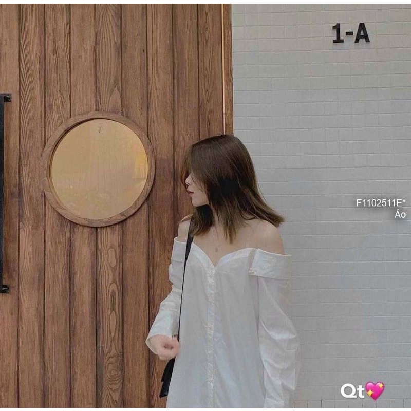 Áo sơ mi trắng kiểu ngực phối lưới hở vai hai bên form giấu quần tay dài!