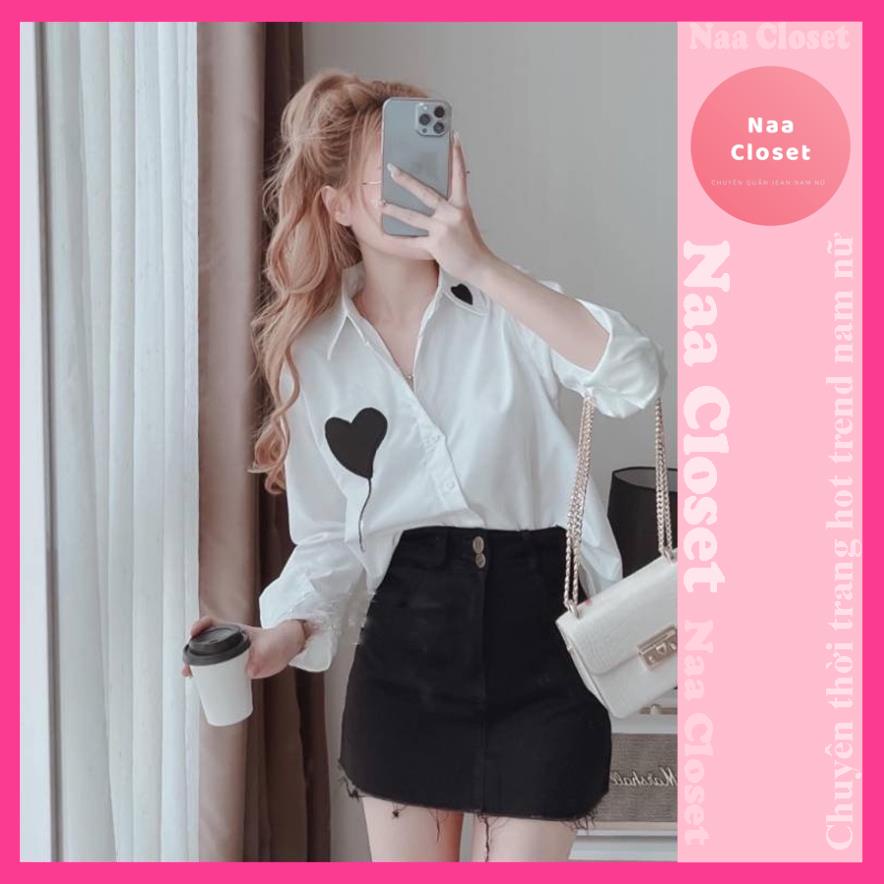 Áo sơ mi trắng nữ thêu trái tim phong cách Hàn Quốc áo sơ mi nữ đẹp Naacloset