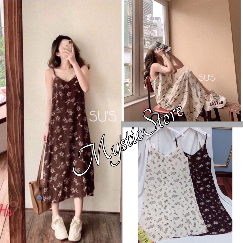Đầm Nữ Hoa Nhí Cổ V 2 Dây ,❤️MysticStore❤️, Váy Nữ Hoa Chất Voan Dáng Dài, Đầm 2 Màu TRẮNG NÂU
