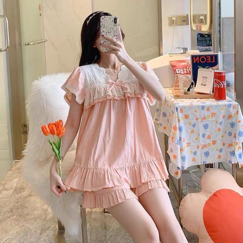SET BỘ MẶC NHÀ BÁNH BÈO HỒNG REN TRẮNG rẻ nhất shopee