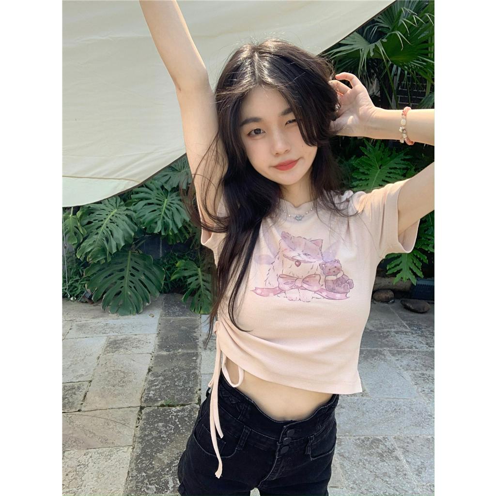 Áo Thun Tay Ngắn Rút Dây In Hình Mèo Phong Cách Mới 63138