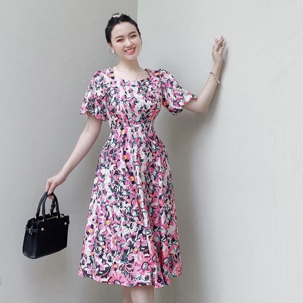 Đầm Hoa Công Sở Cổ Vuông Phối Hoa AKARA K153 Tay Phồng Full Size S, M, L,XL,XXL | BigBuy360 - bigbuy360.vn