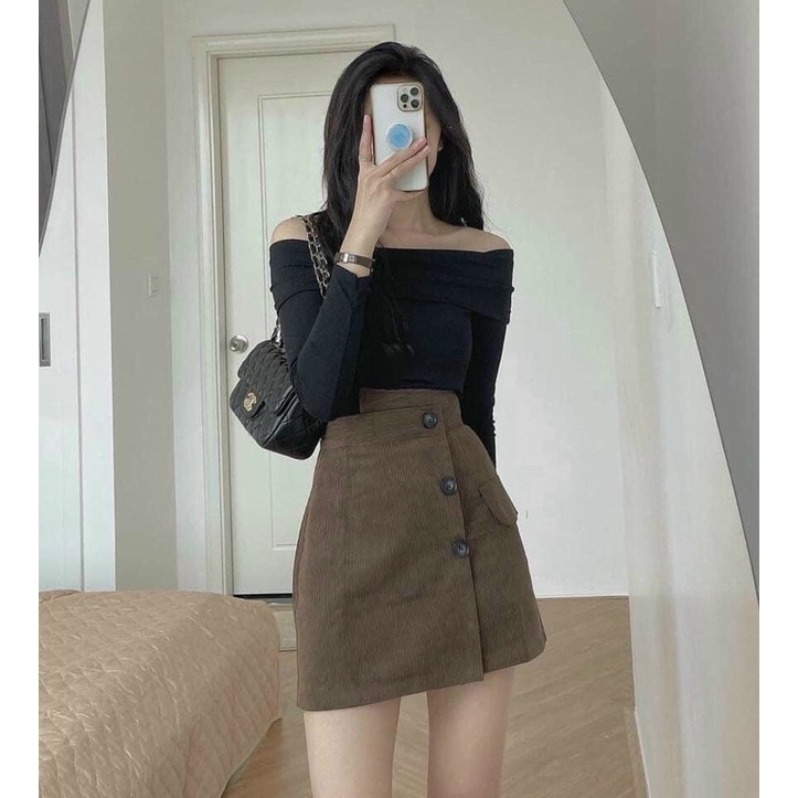 ( Hàng đẹp - dày dặn) Chân váy nhung tăm 3 khuy có lót trong
