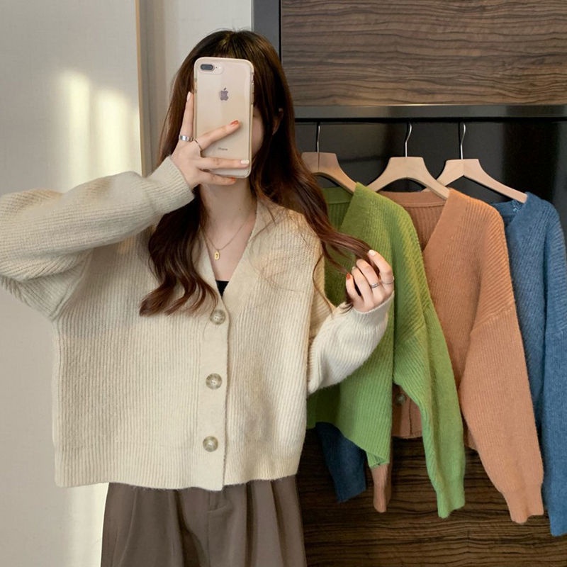 Áo Sweater Dệt Kim Tay Dài Dáng Rộng Cổ V Xinh Xắn Cho Nữ