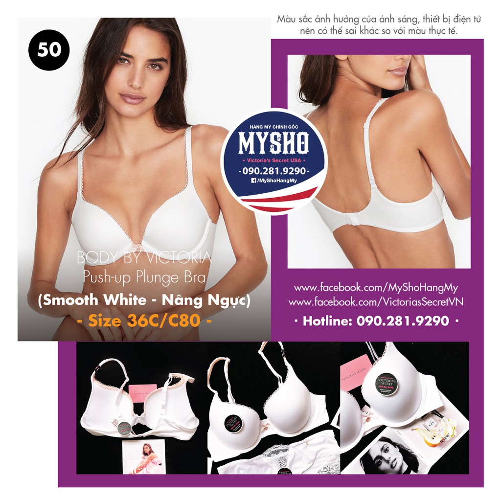 (Bill Mỹ) 36C, C80 - Áo lót trắng sexy (50), nâng nhẹ Body by Victoria, Plunge Push-up Smooth White - Victoria's Secret