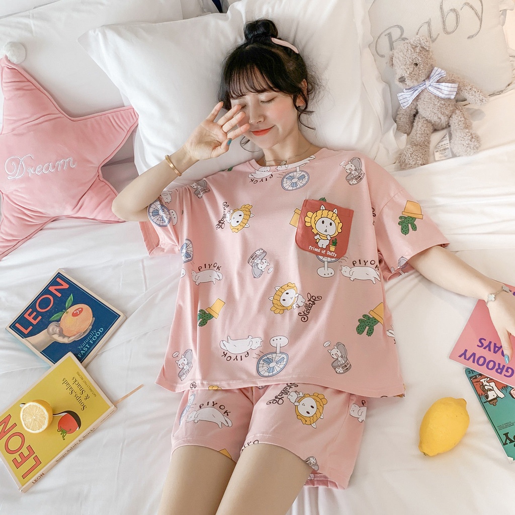 Bộ đồ ngủ tay ngắn dáng rộng in họa tiết hoạt hình dễ thương thời trang xuân hè cho nữ