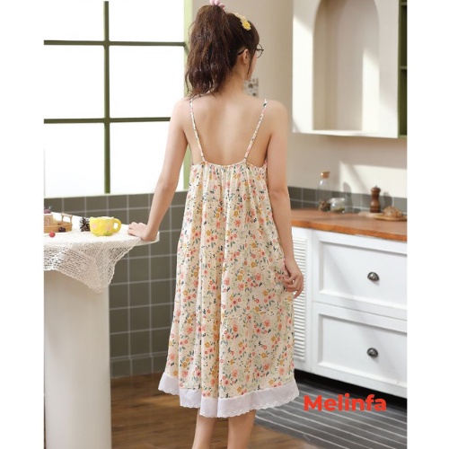 Váy ngủ hai dây nữ vải Cotton lụa tự nhiên thoáng mát mềm mại, đầm mặc nhà mùa hè freesize mã VAV0288