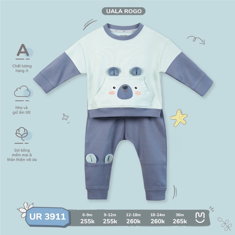 Bộ QA Dài Tay Size 6-36M Cho Bé Trai Nỉ UalaRogo