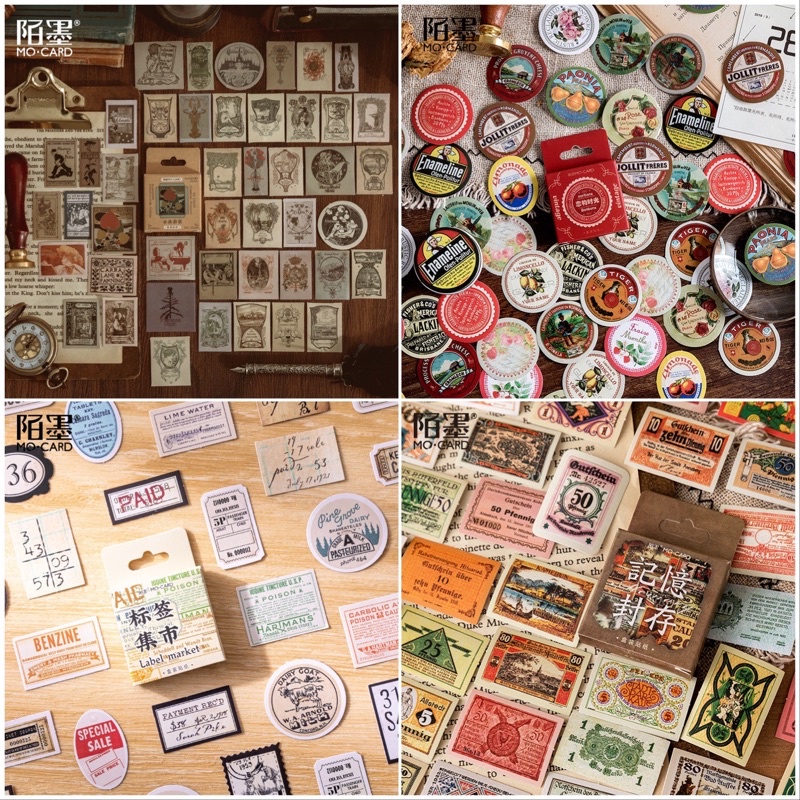 Hộp nhãn dán sticker 46 miếng hình tem hoa cổ điển vintage trang trí sổ bullet journal winzige