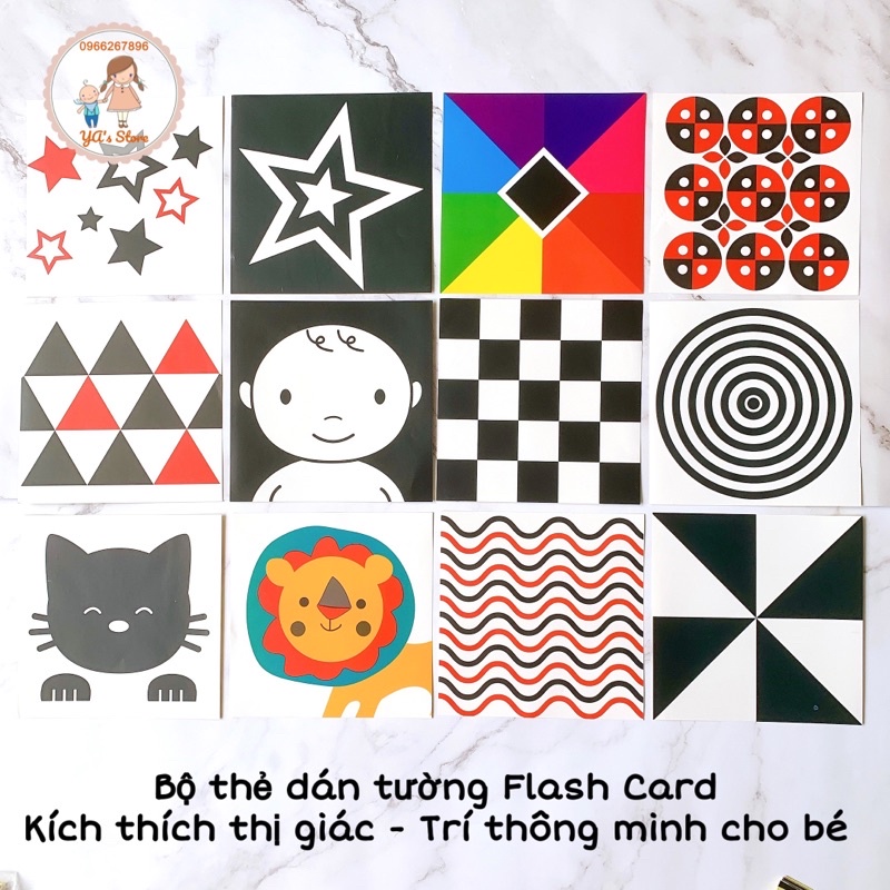Bộ Thẻ Dán Tường Flash Card Kích Thích Thị Giác Cho Trẻ Từ 0-12 Tháng Giúp Phát Triển Não Bộ &amp; Trí Thông Minh Của Bé