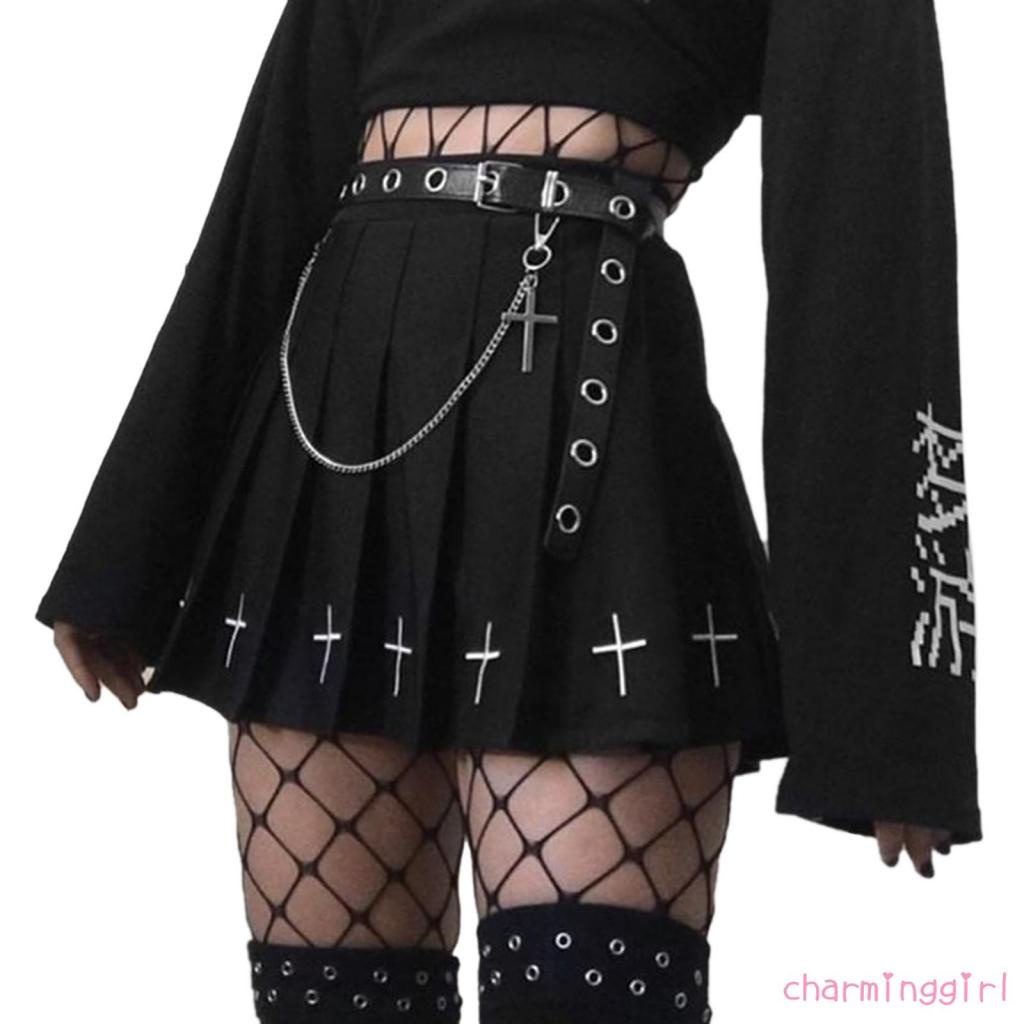 Chân váy ngắn xếp ly lưng cao họa tiết chữ thập phong cách Gothic Punk cho nữ