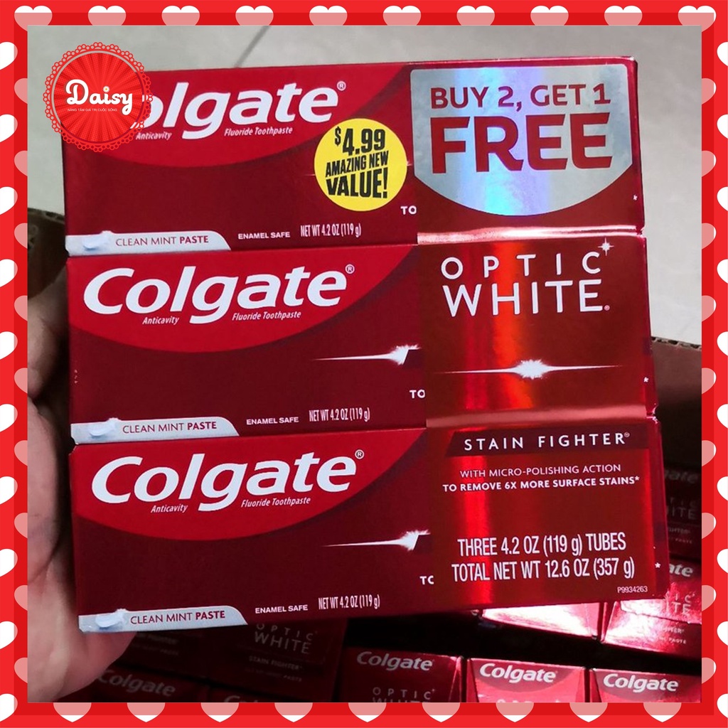 Kem đánh răng siêu trắng Colgate Optic White Stain Fighter Clean Mint 6X 119g chính hãng của Mỹ