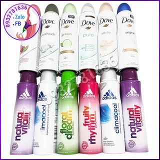 Combo xịt khử mùi nữ adidas + dove