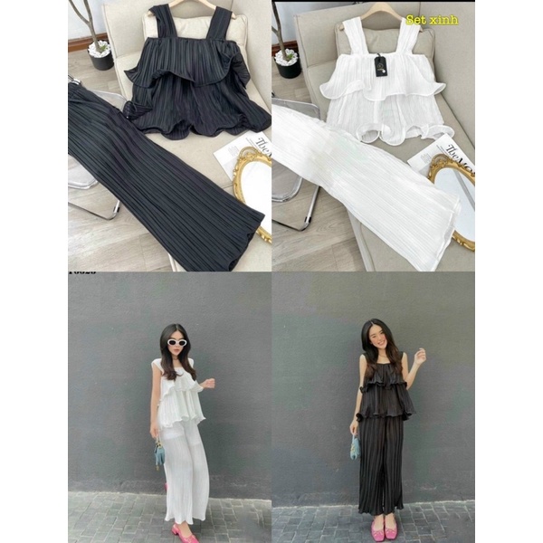 Set bộ quần dài áo dây to bản chất vải voan xếp ly bèo nhún phong cách đơn giản 💜 RM Fashion
