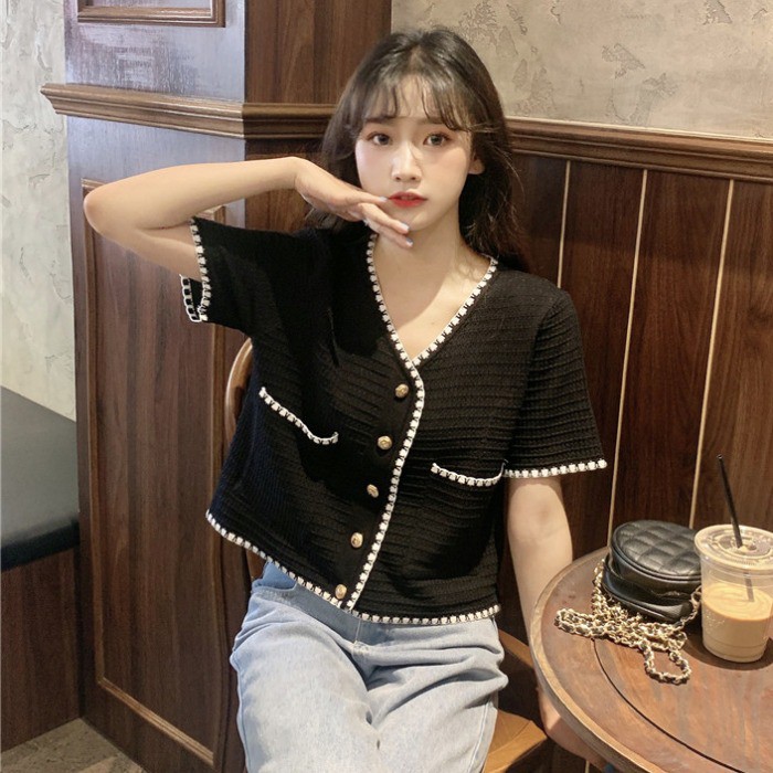 Xiaozhainv Áo cardigan dệt kim tay ngắn cổ chữ V phong cách cổ điển Hàn Quốc nữ tính | BigBuy360 - bigbuy360.vn