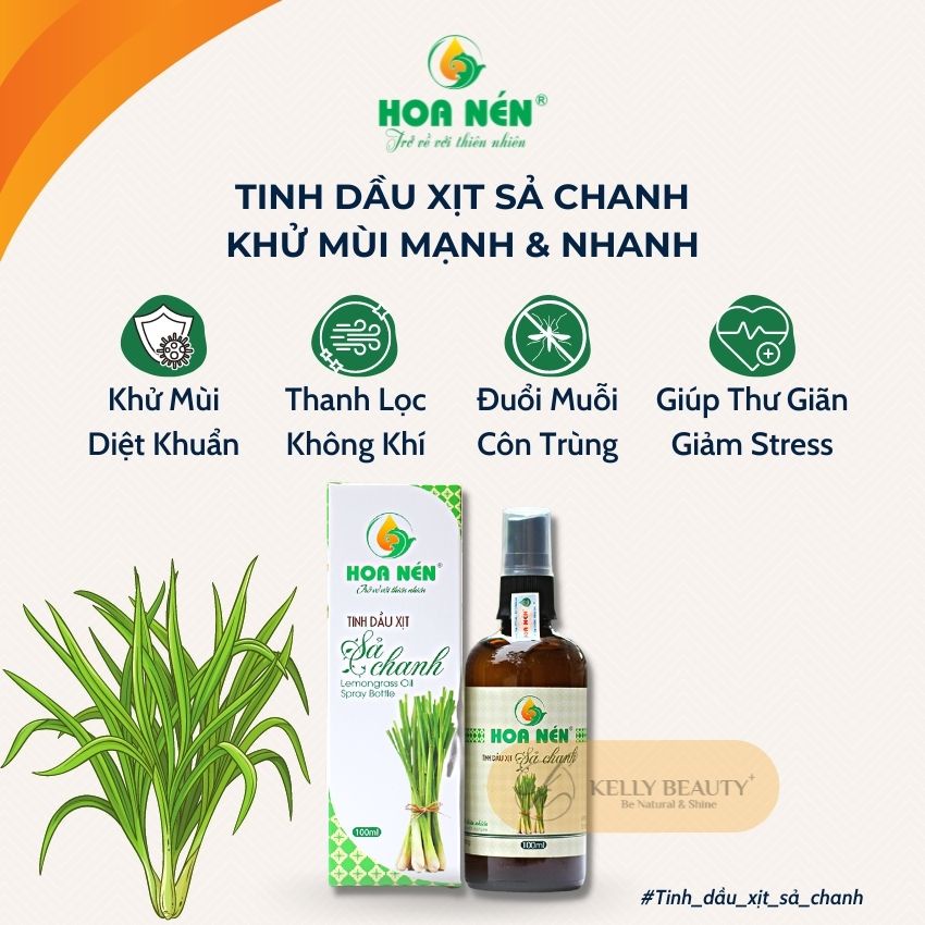 Tinh Dầu Xịt Sả Chanh HOA NÉN 100ml - Khử Mùi, Kháng Khuẩn; Thanh Lọc Không Khí, Đuổi Côn Trùng | Kelly Beauty