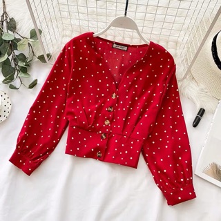 Áo croptop chiffon chấm bi cổ chữ V tôn dáng