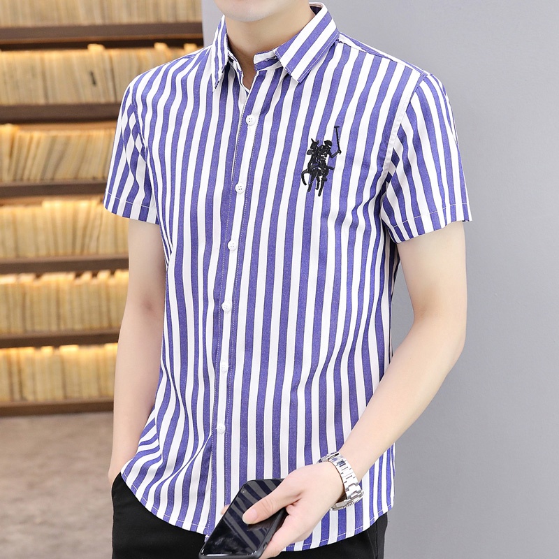 Áo Sơ Mi Cotton Tay Ngắn Dáng Ôm Thêu Họa Tiết Kẻ Sọc Thời Trang Mùa Hè Hàn Quốc Cho Nam 2022