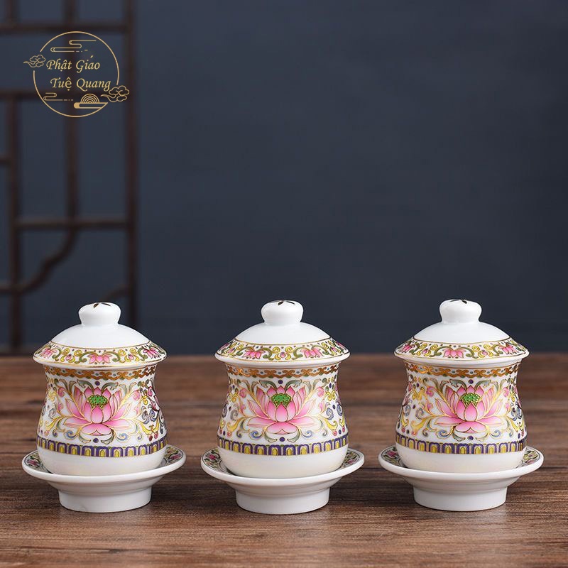 Bộ Thờ Cúng Chun Bi Nước  Án 3 , Án 5 2018 Họa Tiết Hoa Văn Sen Hồng  Bằng Sứ Cao Cấp - Phật Giáo  Tuệ quang