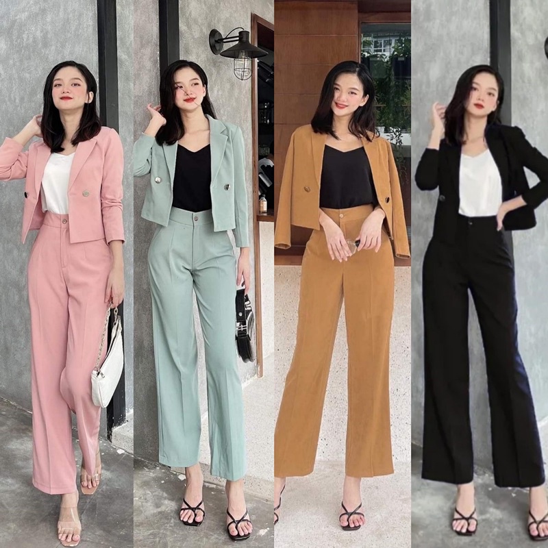 set vest 3 món( áo vest croptop và quần suông+ áo 2 dây)_v2