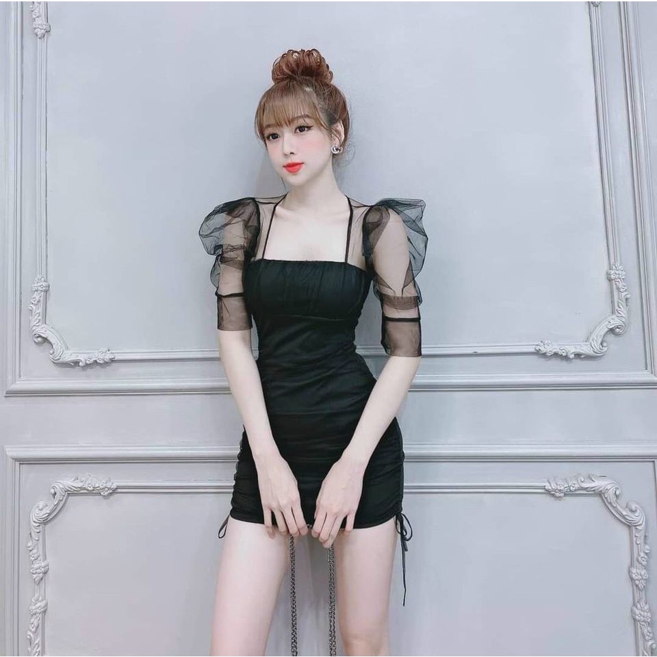 Đầm Váy Thời Trang Nữ Thiết Kế Sang Chảnh Body Cổ Vuông Rút Dây Hai Bên Hông Tay Phối Voan Thời Trang