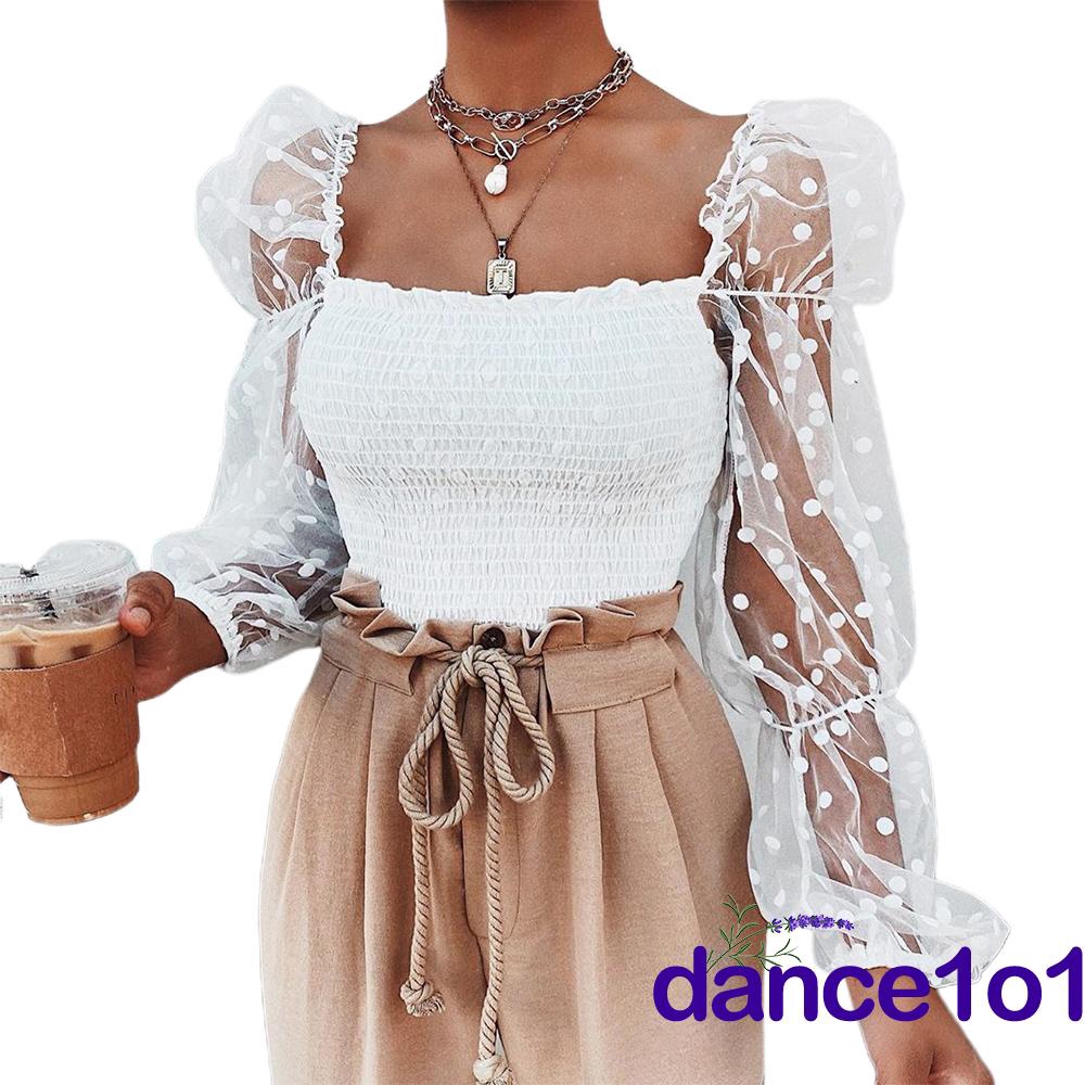 Áo Nữ Tay Dài Cổ Chữ U Họa Tiết Chấm Bi Thời Trang