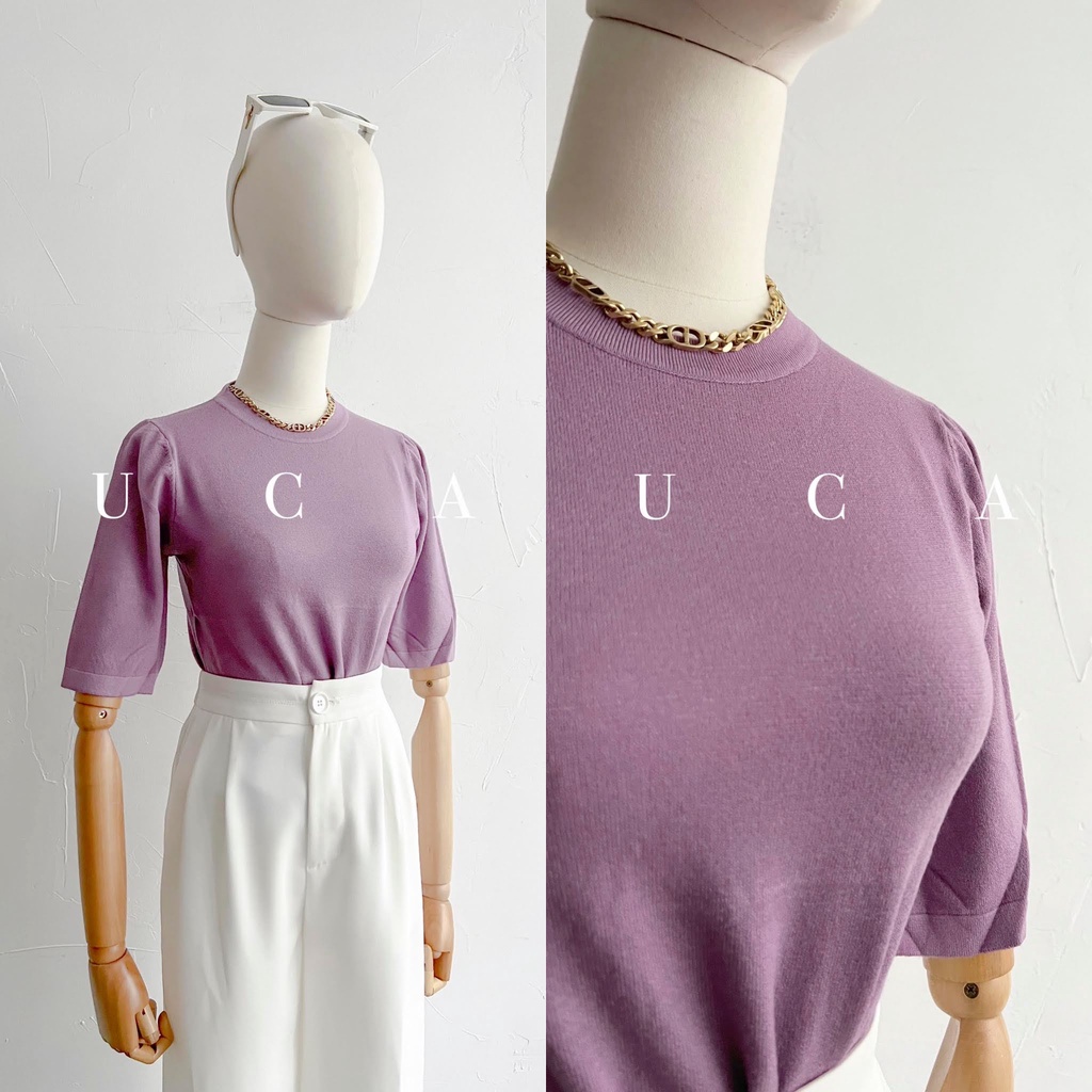 Áo len tím tăm nhỏ cổ tròn tay cộc thân basic