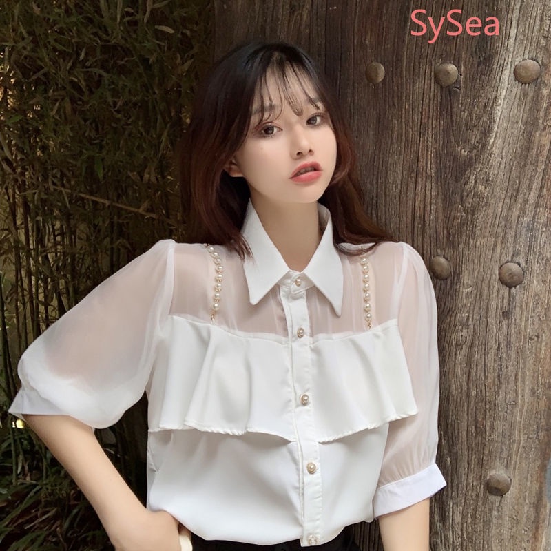 Áo sơ mi nữ tay ngắn đính ngọc trai giả phong cách Pháp thời trang mùa hè