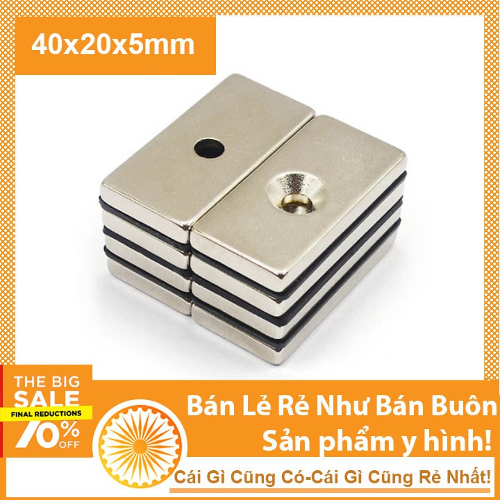 Nam châm vĩnh cửu 40x20x5mm có lỗ bắt vít từ tính mạnh