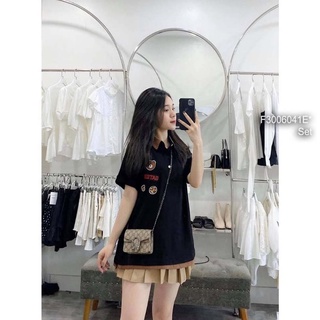 Set áo thun polo phối cổ bẻ ngực thêu chữ hình gấu form rộng tay con kèm chân váy ngắn xếp ly có lót quần!
