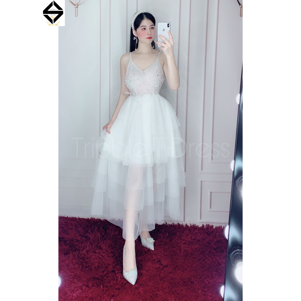 Đầm dự tiệc công chúa 2 dây xếp tầng kết cườm ngọc TRIPBLE T DRESS - size M/L - MS88Y