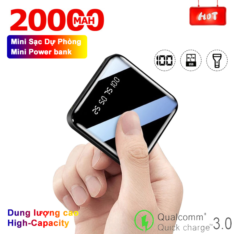 Pin sạc dự phòng 20000mAh mini dung lượng lớn, di động màn hình kỹ thuật số, với đèn LED, sạc 2USB Power bank