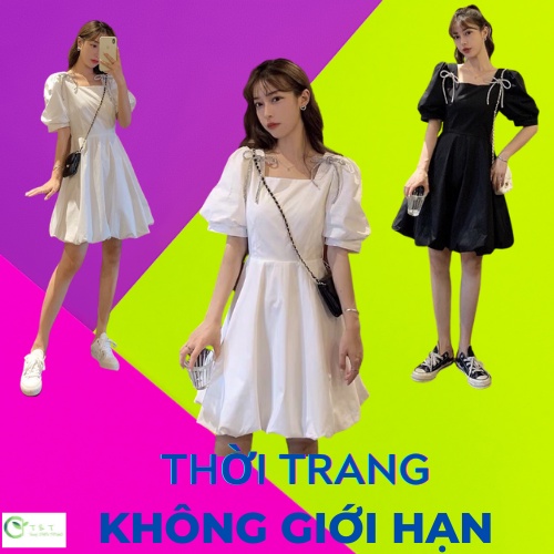 ⚡HOT⚡Đầm Nữ Nơ Vai Cổ Vuông 🦋 Váy Nữ Dáng Lỡ Xòe 2 Màu 🦋Dáng babydoll tay phồng chuẩn hình, vải thô dày đẹp