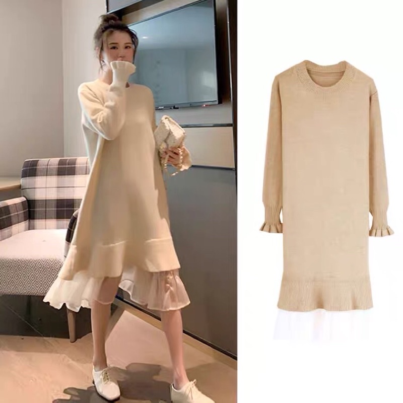 Đầm len dệt kim dáng dài xoè chân voan thả sức dịu dàng