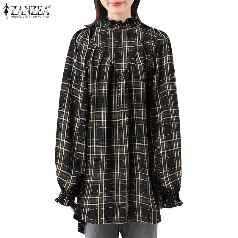 Áo sơ mi Zanzea tay dài dáng rộng cài nút họa tiết kẻ ô dành cho nữ