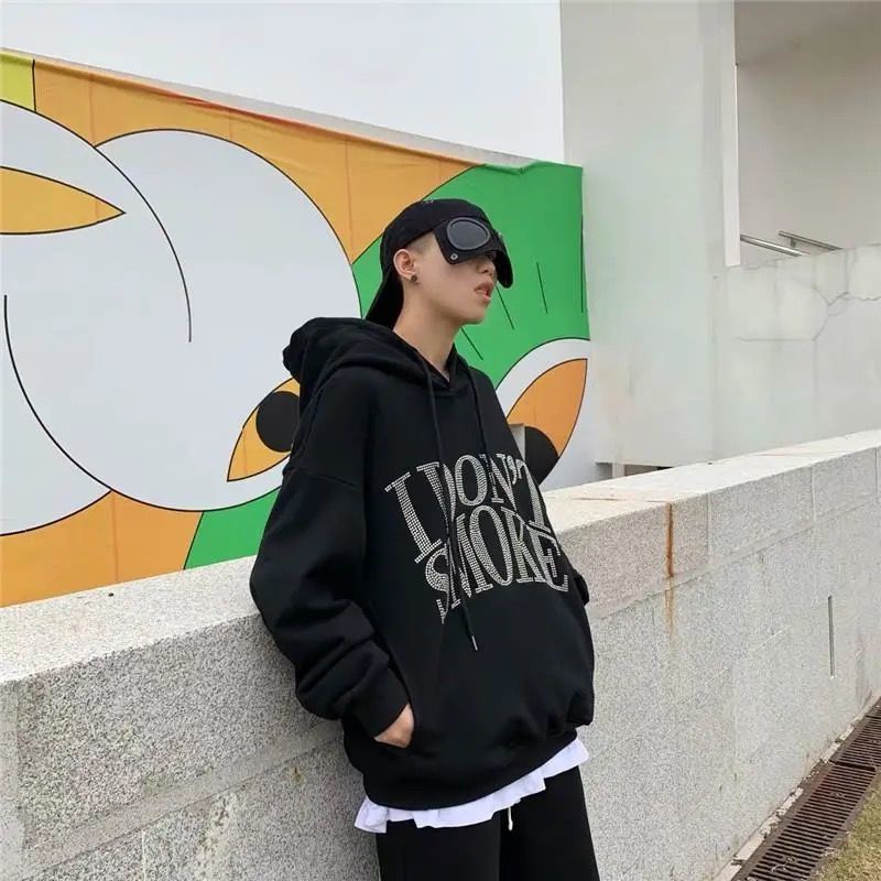 COZOK Áo Hoodie tay dài form rộng họa tiết kim cương phong cách hiphop