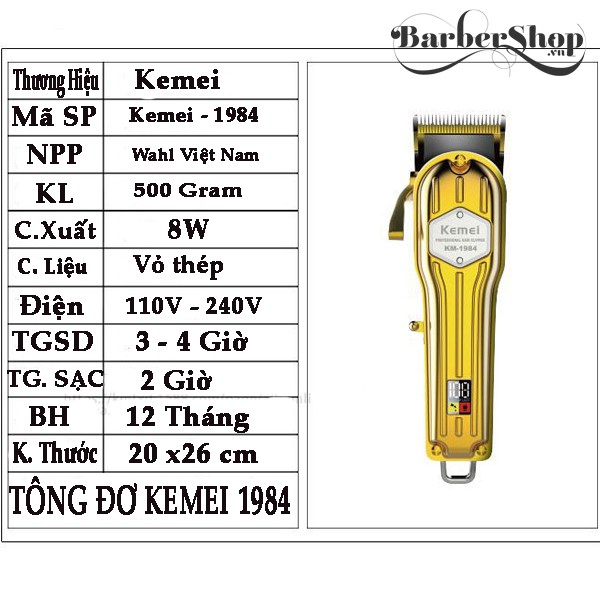 Tông Đơ Không Dây Cắt Tóc Hiệu Suất Cao  Kemei 1984, Tông Đơ Cắt Tóc Chạy Điện Có Thể Sạc Lại Cho Nam Giới