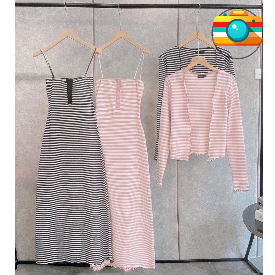 Set đầm body 2 dây kẻ sọc phối nút cài ngực Form dài chất thun co giãn + Áo khoác dài tay