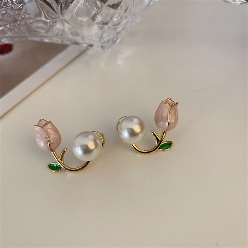 Bông Tai Hoa Tulip Đính Ngọc Trai Hồng Xinh Xắn Thời Trang