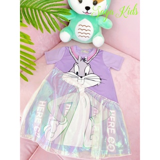 Đầm thun lụa loại 1 hình thỏ phối voan lấp lánh